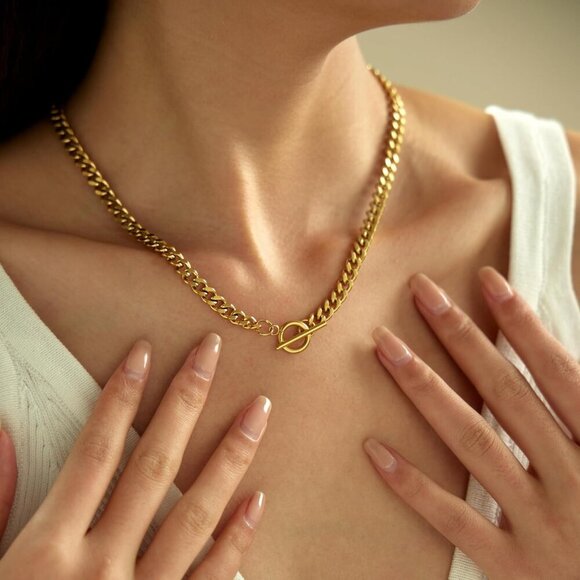 🆕 Women Gold Pendant Toggle Necklace Thick Cuban Curb Chain Gemstone Jewelry - Picture 3 of 7